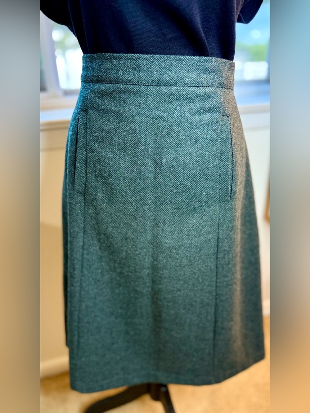 Modcloth wool blend preppy green black herringbone A line skirt lined pockets L